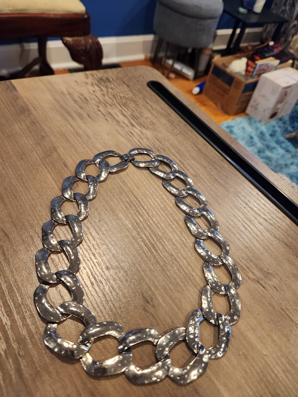 Vintage Silver Hammered Curb Link Necklace 8"in. - Chunky Chain